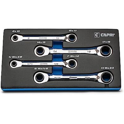 Capri Tools Clé à cliquet réversible 4 en 1 à 120 dents, métriques et SAE, 4 pièces, 16 tailles Capri Tools Clé à cliquet réversible 4 en 1 à 120 dents, métriques et SAE, 4 pièces, 16 tailles
