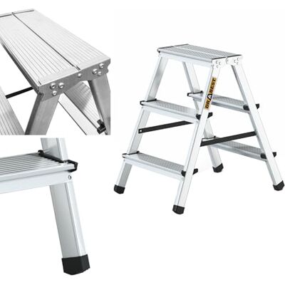 DRABEST Escabeau en aluminium accessible des deux côtés, 2 x 3 marches, charge maximale 125 kg DRABEST Escabeau en aluminium accessible des deux côtés, 2 x 3 marches, charge maximale 125 kg