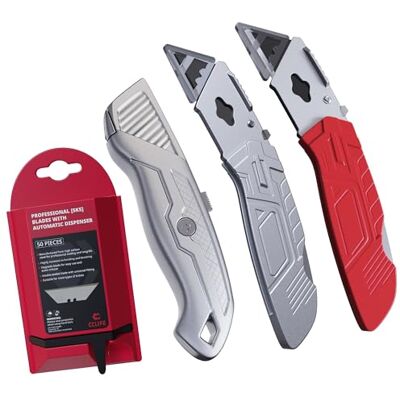 CCLIFE Lot de 3 couteaux de cutter avec 50 lames de rechange en acier au Ensemble de couteaux universels pour des travaux de coupe précis avec lame SK5, 50 lames de rechange et possibilités CCLIFE Lot de 3 couteaux de cutter avec 50 lames de rechange en acier au Ensemble de couteaux universels pour des travaux de coupe précis avec lame SK5, 50 lames de rechange et possibilités