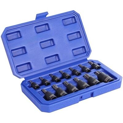 WORKPRO Jeu de Douilles Torx 13 Pièces, Embouts T8-T60 en Acier S2 et Douilles en Acier Chrome Vanadium 1/4", 3/8" et 1/2", avec Boîte de Rangement WORKPRO Jeu de Douilles Torx 13 Pièces, Embouts T8-T60 en Acier S2 et Douilles en Acier Chrome Vanadium 1/4", 3/8" et 1/2", avec Boîte de Rangement