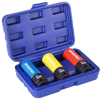 WORKPRO Jeu de 3 Douilles à Choc 1/2", Douilles à Impact en CR-MO 17 mm, 19 mm, 21 mm, avec Boîte de Rangement, pour Protection de Jante Aluminium de Voiture WORKPRO Jeu de 3 Douilles à Choc 1/2", Douilles à Impact en CR-MO 17 mm, 19 mm, 21 mm, avec Boîte de Rangement, pour Protection de Jante Aluminium de Voiture
