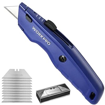 WORKPRO Cutter Universel à Lame Rétractable, Cutter Professionnel avec 10 Lames Supplémentaires en SK5, Cutter à Moquette avec Manche en Aluminium Antidérapant, Bleu WORKPRO Cutter Universel à Lame Rétractable, Cutter Professionnel avec 10 Lames Supplémentaires en SK5, Cutter à Moquette avec Manche en Aluminium Antidérapant, Bleu