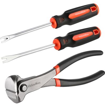 ValueMax Jeu de 3 Outils Arrache-Agrafes et Arrache-Clous Pince Coupante d'Extrémité 185 mm, Arrache-clous Droit et Courbé 200 mm, pour Bois, Meubles et Tapisserie ValueMax Jeu de 3 Outils Arrache-Agrafes et Arrache-Clous Pince Coupante d'Extrémité 185 mm, Arrache-clous Droit et Courbé 200 mm, pour Bois, Meubles et Tapisserie