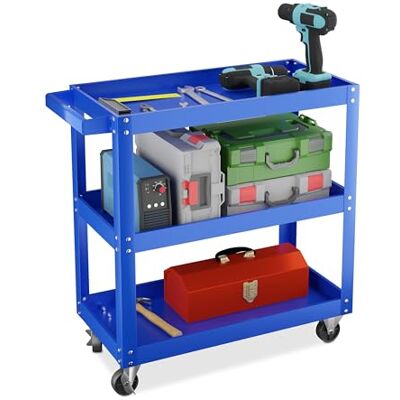 Relaxdays Chariot d'atelier 3 niveaux, mobile, charge 100 kg, bleu HxLxP: 76x78x35 cm Relaxdays Chariot d'atelier 3 niveaux, mobile, charge 100 kg, bleu HxLxP: 76x78x35 cm