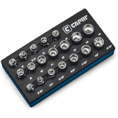 Capri Tools Jeu de douilles universelles 1/4", 5 à 15 mm, 3/16 à 9/16", métriques et SAE, 19 pièces Capri Tools Jeu de douilles universelles 1/4", 5 à 15 mm, 3/16 à 9/16", métriques et SAE, 19 pièces