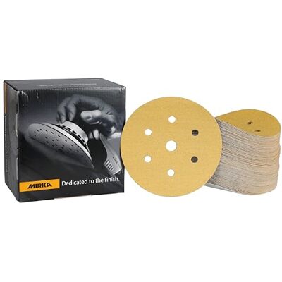 Mirka Gold Papier abrasif universel Ø 150mm Velcro 7 trous, grain P100, 100 pces/Pour poncer le plâtre, le mastic, les panneaux de particules, le bois, la peinture Mirka Gold Papier abrasif universel Ø 150mm Velcro 7 trous, grain P100, 100 pces/Pour poncer le plâtre, le mastic, les panneaux de particules, le bois, la peinture