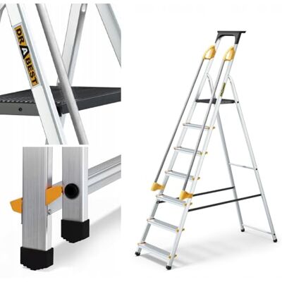 DRABEST Pro Échelle en aluminium 7 Marches Escabeau Ménager avec Mains Courantes 150 KG 50X217X12 Cm DRABEST Pro Échelle en aluminium 7 Marches Escabeau Ménager avec Mains Courantes 150 KG 50X217X12 Cm