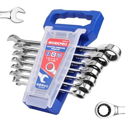 WORKPRO Jeu de 7 clés à cliquet, métriques, clés mixtes à cliquet, 8 mm, 10 mm, 11 mm, 12 mm, 13 mm, 14 mm, 17 mm, 12 points, acier CR-V, avec support de rangement WORKPRO Jeu de 7 clés à cliquet, métriques, clés mixtes à cliquet, 8 mm, 10 mm, 11 mm, 12 mm, 13 mm, 14 mm, 17 mm, 12 points, acier CR-V, avec support de rangement