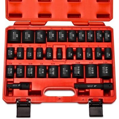 Neiko 02447A Jeu de douilles à choc 1/2", assortiment de 32 douilles peu profondes Standard SAE (3/8" à 1-1/4") et métriques (10-32 mm) Acier Cr-V Neiko 02447A Jeu de douilles à choc 1/2", assortiment de 32 douilles peu profondes Standard SAE (3/8" à 1-1/4") et métriques (10-32 mm) Acier Cr-V