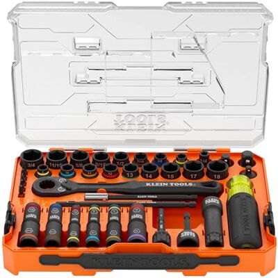KLEIN TOOLS KNECT 65500KNECT Jeu complet de douilles à choc passantes et rabattables, cliquet 90 dents, boîtier MODbox, SAE, métrique, poignée de tournevis, embouts, 39 pièces KLEIN TOOLS KNECT 65500KNECT Jeu complet de douilles à choc passantes et rabattables, cliquet 90 dents, boîtier MODbox, SAE, métrique, poignée de tournevis, embouts, 39 pièces