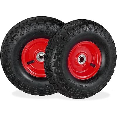 Relaxdays 2 roues pour diable 4.1/3.5-4, avec air, axe de 136 mm, jusqu’à 136 kg, jantes acier 260x85 mm, noir-rouge Relaxdays 2 roues pour diable 4.1/3.5-4, avec air, axe de 136 mm, jusqu’à 136 kg, jantes acier 260x85 mm, noir-rouge