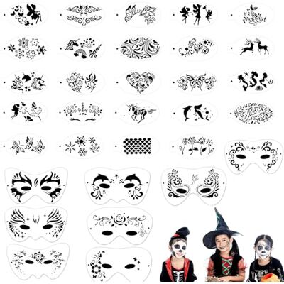 WOFEU Lot de 32 pochoirs de peinture faciale pour enfants et adultes, modèle de peinture corporelle pour fête, vacances, Halloween, maquillage, peinture, pochoirs temporaires réutilisables et souples pour WOFEU Lot de 32 pochoirs de peinture faciale pour enfants et adultes, modèle de peinture corporelle pour fête, vacances, Halloween, maquillage, peinture, pochoirs temporaires réutilisables et souples pour