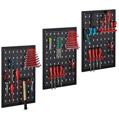 Relaxdays Panneau d’outils en 3 pièces, avec 17 supports, perforé de 60x39 cm Hxl, en métal, noir-rouge Relaxdays Panneau d’outils en 3 pièces, avec 17 supports, perforé de 60x39 cm Hxl, en métal, noir-rouge