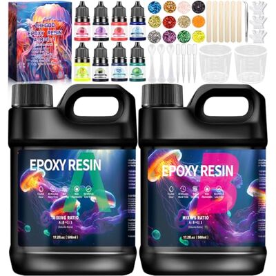 ZHHGOO Resine Epoxy Transparente, 1016ml Kit de Résine Époxy avec Colorant, Paillette, 1: 1 Ratio Revêtement en Résine Coulée Cristalline, Resine Epoxy Kit pour Fabrication de Bijoux, Artisanale ZHHGOO Resine Epoxy Transparente, 1016ml Kit de Résine Époxy avec Colorant, Paillette, 1: 1 Ratio Revêtement en Résine Coulée Cristalline, Resine Epoxy Kit pour Fabrication de Bijoux, Artisanale