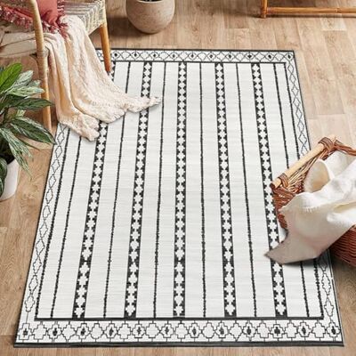 ESSMOKO Tapis de salon, tapis de chambre à coucher, style nordique moderne, tapis de laine artificielle, lavable en machine, facile d'entretien, 40 x 60 cm, motif rayé noir et blanc ESSMOKO Tapis de salon, tapis de chambre à coucher, style nordique moderne, tapis de laine artificielle, lavable en machine, facile d'entretien, 40 x 60 cm, motif rayé noir et blanc