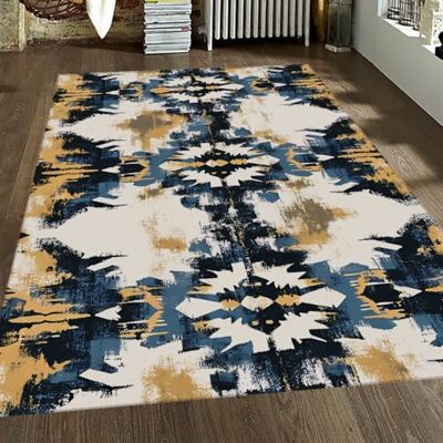 SHUODAOCO Tapis ethnique abstrait lavable de 122 x 152 cm – Tapis vintage géométrique et irrégulier, doux à poils courts – Grand tapis d'aspect vieilli pour intérieur rétro jaune et blanc pour chambre à coucher SHUODAOCO Tapis ethnique abstrait lavable de 122 x 152 cm – Tapis vintage géométrique et irrégulier, doux à poils courts – Grand tapis d'aspect vieilli pour intérieur rétro jaune et blanc pour chambre à coucher