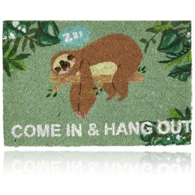Relaxdays Paillasson en fibre de coco "Come In & Hang Out", Motif paresseux, Tapis, 60 x 40 cm, vert/marron Relaxdays Paillasson en fibre de coco "Come In & Hang Out", Motif paresseux, Tapis, 60 x 40 cm, vert/marron