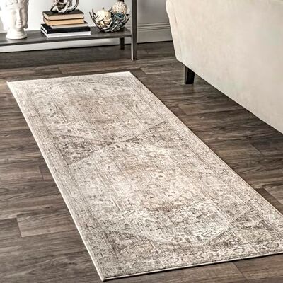 nuLOOM Harriet Tapis de couloir vintage à franges, motif médaillon, argenté, 0,8 x 1,8 m nuLOOM Harriet Tapis de couloir vintage à franges, motif médaillon, argenté, 0,8 x 1,8 m