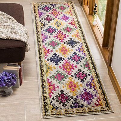 SAFAVIEH Tapis Boho Chic pour salon, salle à manger, chambre à coucher Collection Monaco Poils courts Ivoire et multicolore 66 x 244 cm SAFAVIEH Tapis Boho Chic pour salon, salle à manger, chambre à coucher Collection Monaco Poils courts Ivoire et multicolore 66 x 244 cm