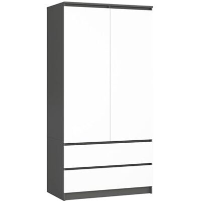 AKORD Armoire à deux portes S 90 cm 2 tiroirs avec étagères et une tringle à vêtements pour une chambre à coucher Style minimaliste Panneau stratifié de 16 mm Gris graphite et blanc AKORD Armoire à deux portes S 90 cm 2 tiroirs avec étagères et une tringle à vêtements pour une chambre à coucher Style minimaliste Panneau stratifié de 16 mm Gris graphite et blanc