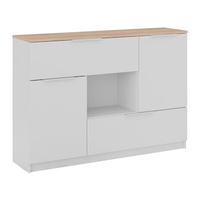 Vicco Commode avec tiroirs "Betti", Blanc/Sonoma, 120x83.6cm 2x porte, 2x tiroir et 1x compartiment ouvert, pour le rangement et l’organisation des objets du quotidien Vicco Commode avec tiroirs "Betti", Blanc/Sonoma, 120x83.6cm 2x porte, 2x tiroir et 1x compartiment ouvert, pour le rangement et l’organisation des objets du quotidien