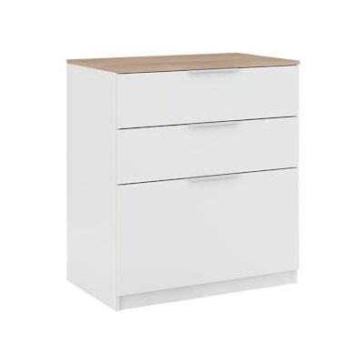 Vicco Commode avec tiroirs "Betti", Blanc/Sonoma, 50x90cm avec 3 tiroirs, pour le rangement et comme surface de dépôt dans le salon ou la chambre Vicco Commode avec tiroirs "Betti", Blanc/Sonoma, 50x90cm avec 3 tiroirs, pour le rangement et comme surface de dépôt dans le salon ou la chambre