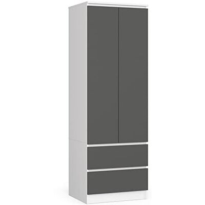 AKORD Armoire STAR S 60 cm à deux portes 2 tiroirs avec étagères et tringle à vêtements Armoire de chambre à coucher Panneau stratifié 16 mm Blanc/Gris graphite AKORD Armoire STAR S 60 cm à deux portes 2 tiroirs avec étagères et tringle à vêtements Armoire de chambre à coucher Panneau stratifié 16 mm Blanc/Gris graphite