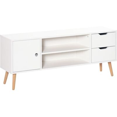 HOMCOM Meuble TV Banc TV Style scandinave Placard 2 niches 2 tiroirs Passe-Fils Panneaux Particules Blanc Bois pin HOMCOM Meuble TV Banc TV Style scandinave Placard 2 niches 2 tiroirs Passe-Fils Panneaux Particules Blanc Bois pin