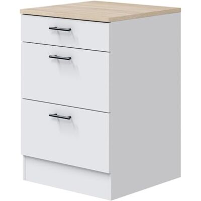 PEGANE Meuble Bas de Cuisine de 3 tiroirs avec Plan de Travail Coloris Blanc Brillant/chêne Canadien Hauteur 90 x Longueur 60 x Profondeur 60 cm PEGANE Meuble Bas de Cuisine de 3 tiroirs avec Plan de Travail Coloris Blanc Brillant/chêne Canadien Hauteur 90 x Longueur 60 x Profondeur 60 cm