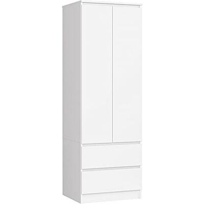 AKORD Star S Penderie 2 portes S 60 cm, 2 tiroirs avec étagères et une tringle à vêtements, pour penderies de chambre à coucher, panneau laminé de 16 mm, couleur blanche AKORD Star S Penderie 2 portes S 60 cm, 2 tiroirs avec étagères et une tringle à vêtements, pour penderies de chambre à coucher, panneau laminé de 16 mm, couleur blanche
