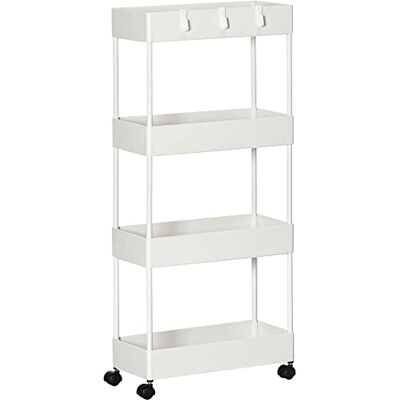 HOMCOM Desserte Chariot de Rangement 4 Niveaux, desserte à roulettes avec paniers et Crochets Amovibles, Chariot de Service pour Cuisine, Salon, Salle de Bain, Bureau, Blanc HOMCOM Desserte Chariot de Rangement 4 Niveaux, desserte à roulettes avec paniers et Crochets Amovibles, Chariot de Service pour Cuisine, Salon, Salle de Bain, Bureau, Blanc