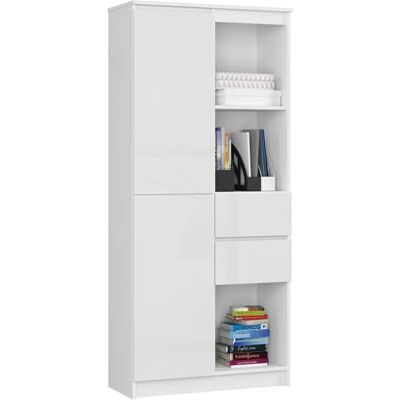 AKORD Bibliothèque de bureau R15 à 7 étagères, 2 tiroirs et portes pour documents, livres, pour une armoire de chambre à coucher, bibliothèques, plaque laminée de 16 mm, blanc et blanc brillant AKORD Bibliothèque de bureau R15 à 7 étagères, 2 tiroirs et portes pour documents, livres, pour une armoire de chambre à coucher, bibliothèques, plaque laminée de 16 mm, blanc et blanc brillant