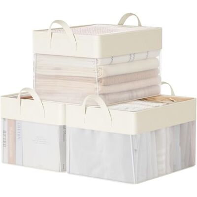 SONGMICS Boîtes de Rangement, Lot de 3, Panier de Rangement, Taille Moyenne, en Tissu, Pliable, Filet de Nylon Transparent, 40 x 30 x 25 cm, Poignées, pour Chambre, Salon, Couleur Crème RFB940W01 SONGMICS Boîtes de Rangement, Lot de 3, Panier de Rangement, Taille Moyenne, en Tissu, Pliable, Filet de Nylon Transparent, 40 x 30 x 25 cm, Poignées, pour Chambre, Salon, Couleur Crème RFB940W01