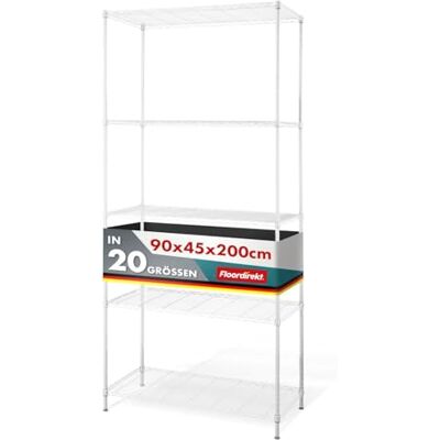 Floordirekt Meuble de rangement avec 5 étagères, étagères réglables en hauteur et pieds de nivellement. Poids max 640 kg (5 tablettes chromées Himalaya 90 x 45 x 200 cm) Floordirekt Meuble de rangement avec 5 étagères, étagères réglables en hauteur et pieds de nivellement. Poids max 640 kg (5 tablettes chromées Himalaya 90 x 45 x 200 cm)
