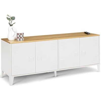 Idmarket Ester Buffet - Style Industriel - 140cm Blanc Métal et Bois Idmarket Ester Buffet - Style Industriel - 140cm Blanc Métal et Bois