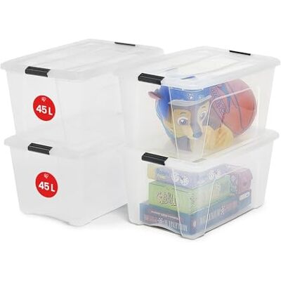 Iris Ohyama , Lot de 4 boîtes de rangement, 45 L, avec clips, empilable, salon, chambre, garage New Top Box NTB-45 Transparent Iris Ohyama , Lot de 4 boîtes de rangement, 45 L, avec clips, empilable, salon, chambre, garage New Top Box NTB-45 Transparent