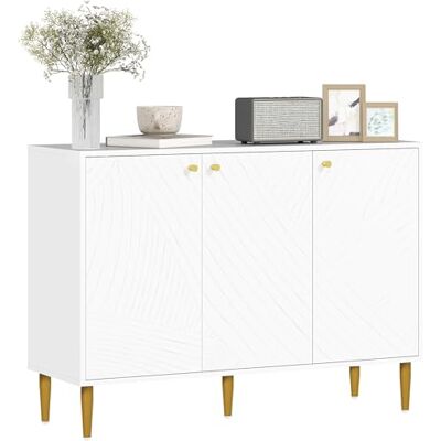 HOMCOM Buffet, Meuble de Rangement Meuble Salon avec 3 Portes à Lignes sculptées, 2 placards, étagères réglables, Pieds en Acier doré, Blanc HOMCOM Buffet, Meuble de Rangement Meuble Salon avec 3 Portes à Lignes sculptées, 2 placards, étagères réglables, Pieds en Acier doré, Blanc