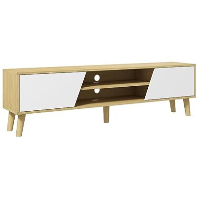 HOMCOM Meuble TV Banc TV pour télévision jusqu'à 65 Pouces Design scandinave 2 Portes 2 niches avec Passe-câbles Aspect Bois et Blanc 150 x 30 x 42 cm HOMCOM Meuble TV Banc TV pour télévision jusqu'à 65 Pouces Design scandinave 2 Portes 2 niches avec Passe-câbles Aspect Bois et Blanc 150 x 30 x 42 cm