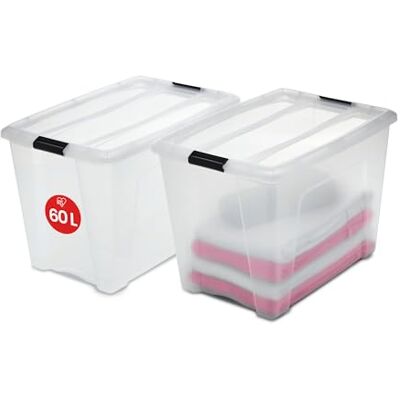 Iris Ohyama , Lot de 2 boîtes de rangement, 60 L, avec clips, empilable, salon, chambre, garage New Top Box NTB-60 Transparent Iris Ohyama , Lot de 2 boîtes de rangement, 60 L, avec clips, empilable, salon, chambre, garage New Top Box NTB-60 Transparent