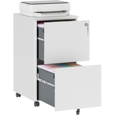 Vinsetto Armoire de classement verticale à 2 tiroirs avec serrure et 5 roues, en acier, pour format A4, format A4, juridique et lettre, corps pré-assemblé, blanc Vinsetto Armoire de classement verticale à 2 tiroirs avec serrure et 5 roues, en acier, pour format A4, format A4, juridique et lettre, corps pré-assemblé, blanc