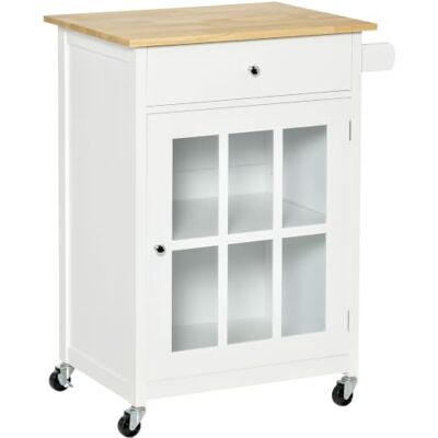 HOMCOM Desserte de cuisine à roulettes Placard Blanc Aspect Chêne Clair Multi-Rangement, Porte Vitrée Avec Étagère Réglable, Tiroir, Porte-Torchon HOMCOM Desserte de cuisine à roulettes Placard Blanc Aspect Chêne Clair Multi-Rangement, Porte Vitrée Avec Étagère Réglable, Tiroir, Porte-Torchon