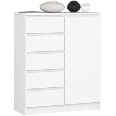 AKORD Commode K80 avec 5 tiroirs, armoire avec 1 porte et 3 étagères, pour le salon, la chambre à coucher, moderne, panneau laminé de 16 mm, 80 x 97 x 35 cm, couleur blanc et blanc AKORD Commode K80 avec 5 tiroirs, armoire avec 1 porte et 3 étagères, pour le salon, la chambre à coucher, moderne, panneau laminé de 16 mm, 80 x 97 x 35 cm, couleur blanc et blanc