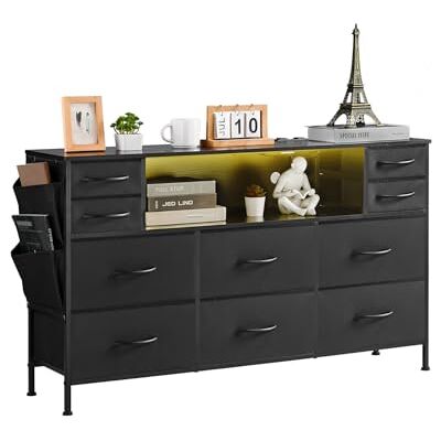 VEVOR Commode en tissu à 10 tiroirs, armoire de rangement, avec étagère de rangement ouverte, lumières LED, prise intégrée, tour de rangement pour chambre à coucher, couloir, armoire, noire VEVOR Commode en tissu à 10 tiroirs, armoire de rangement, avec étagère de rangement ouverte, lumières LED, prise intégrée, tour de rangement pour chambre à coucher, couloir, armoire, noire