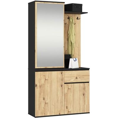 AKORD Ensemble de garde-robe ENTRO noir 95 cm Garde-robe compacte pour couloir étroit 3 portes, 1 tiroir 7 étagères Ensemble moderne de meubles de couloir Style industriel Noir et chêne AKORD Ensemble de garde-robe ENTRO noir 95 cm Garde-robe compacte pour couloir étroit 3 portes, 1 tiroir 7 étagères Ensemble moderne de meubles de couloir Style industriel Noir et chêne