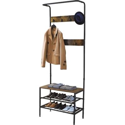 Amig Porte-manteau avec étagère à chaussures Lukïen Meuble d’entrée avec banc de style industriel 183x66x32,5 cm Métal et bois Noir et marron Meuble de couloir ou d'entrée Amig Porte-manteau avec étagère à chaussures Lukïen Meuble d’entrée avec banc de style industriel 183x66x32,5 cm Métal et bois Noir et marron Meuble de couloir ou d'entrée