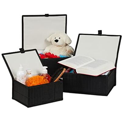 Relaxdays 10024308_46 Corbeille de rangement couvercle, Set de 3 panier en, étagère Organiseur, décoration, noir, 13 x 25 x 19 cm Relaxdays 10024308_46 Corbeille de rangement couvercle, Set de 3 panier en, étagère Organiseur, décoration, noir, 13 x 25 x 19 cm