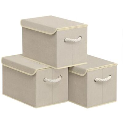 SONGMICS Boîte de Rangement avec Couvercle, Lot de 3, Pliable, Panier en Tissu, Bac de Rangement, avec Poignées, pour Chambre, Salon, Dressing, 38 x 25 x 25 cm, Beige Sable RFB013LZ01 SONGMICS Boîte de Rangement avec Couvercle, Lot de 3, Pliable, Panier en Tissu, Bac de Rangement, avec Poignées, pour Chambre, Salon, Dressing, 38 x 25 x 25 cm, Beige Sable RFB013LZ01