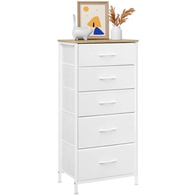 WOLTU Commode pour chambre à coucher, meuble avec tiroirs en tissu, 5 tiroirs, pour couloir, salon, blanc nuage + beige chêne WOLTU Commode pour chambre à coucher, meuble avec tiroirs en tissu, 5 tiroirs, pour couloir, salon, blanc nuage + beige chêne
