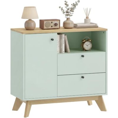 HOMCOM Buffet Salon, Style Moderne, 80 x 35 x 76,3 cm, Vert Clair et Chêne Meuble de Rangement avec Porte, 2 Tiroirs, Compartiment Ouvert, Étagère Réglable, Buffet Salle à Manger et Cuisine HOMCOM Buffet Salon, Style Moderne, 80 x 35 x 76,3 cm, Vert Clair et Chêne Meuble de Rangement avec Porte, 2 Tiroirs, Compartiment Ouvert, Étagère Réglable, Buffet Salle à Manger et Cuisine