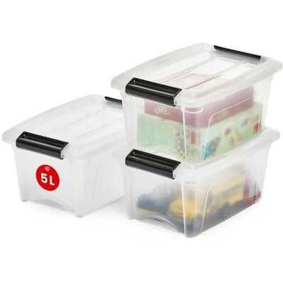 Iris Ohyama , Lot de 3 boîtes de rangement, 5 L, avec clips, empilable, salon, chambre, garage New Top Box NTB-5 Transparent Iris Ohyama , Lot de 3 boîtes de rangement, 5 L, avec clips, empilable, salon, chambre, garage New Top Box NTB-5 Transparent